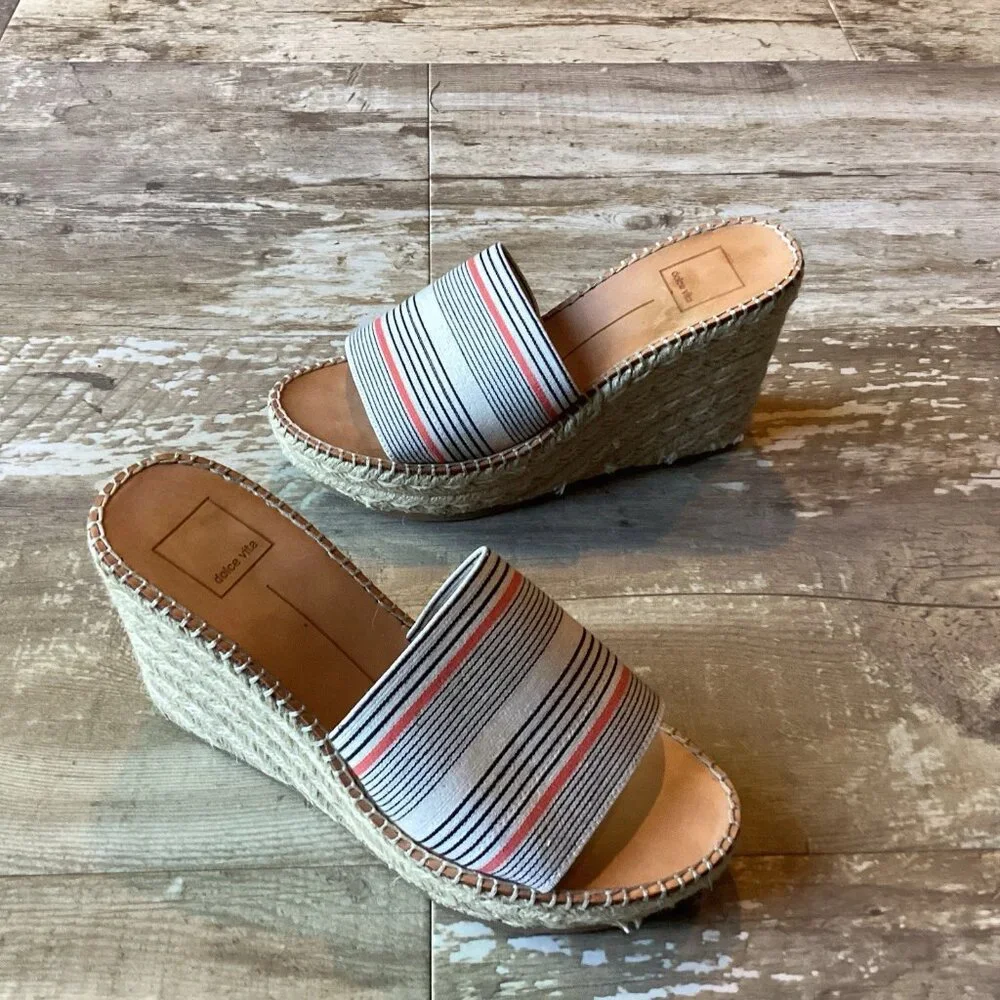 Dolce Vita Striped Canvas Espadrille Wedge Slides in Cream, Black & Coral